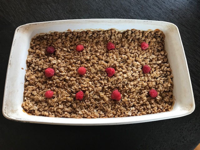 Emma's Raspberry & Peach Crisp from their Stowe Farm homegrown raspberries and peaches